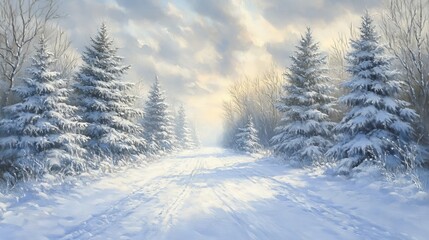 Fototapeta premium Pine trees heavily laden with snow evoke a sense of enchantment in a winter wonderland setting