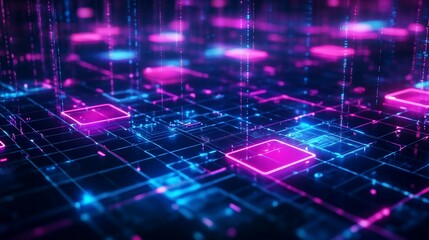 Abstract digital network of glowing circuits.  A mesmerizing array of interconnected squares, bathed in vibrant neon pink and blue light