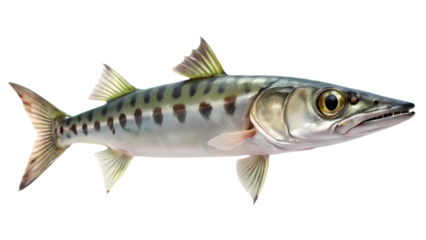 Isolated image of a Barracuda fish with sharp teeth on transparent background