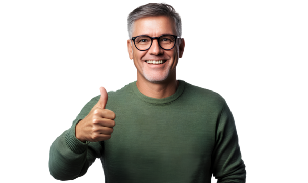 Happy middle-aged Indian man in a green sweater with glasses giving a thumbs-up, isolated on a transparent PNG background.