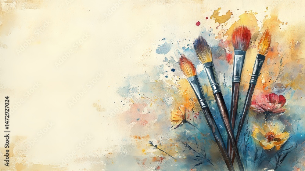 Poster artistic watercolor paintbrushes with branch and colorful splashes’ is rephrased as ‘watercolor pain