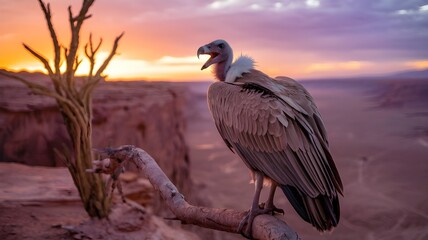 A majestic vulture perched on a tree branch, with the dramatic sunset in the background. The bird showcases its impressive plumage and powerful presence in the wild. 