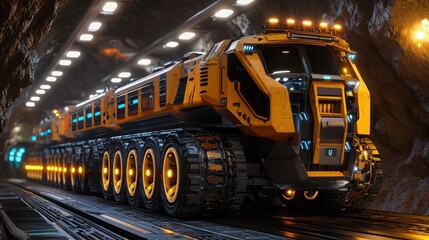 Futuristic Yellow Mining Vehicle in Underground Tunnel