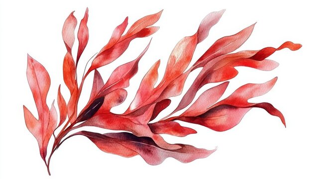 Red algae are shown flowing gracefully across the frame in the watercolor rendering