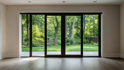 Fototapeta premium Modern interior with expansive patio views