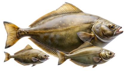 Three Beautiful Amberjack Fish Swimming Together in a Clean Isolated Background