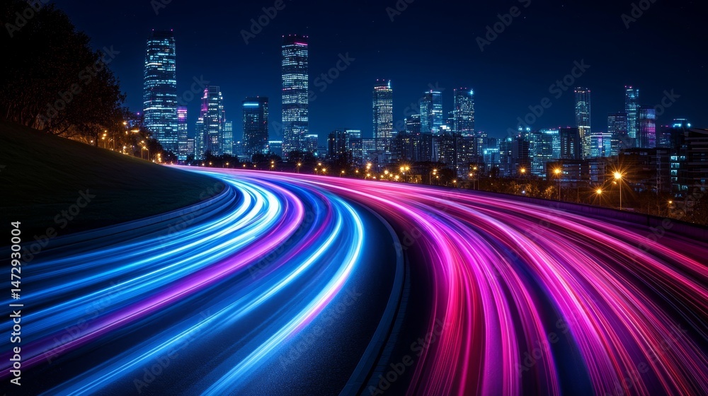 Poster creating an abstract design, colorful digital light trails swirl and form a network