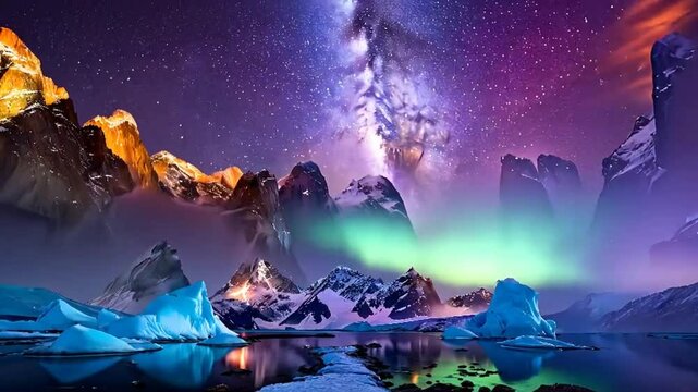 Aurora Borealis & Galaxy Reflected on Snowy Peaks &ndash; 4K Surreal Nightscape
