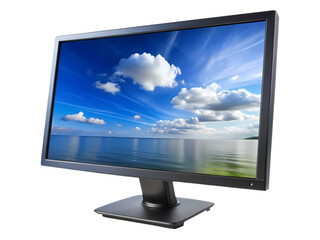 Modern LCD Computer Monitor Displaying a Beautiful Blue Sky and Water Scene