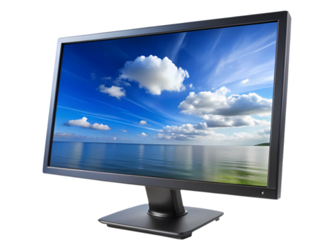 Modern LCD Computer Monitor Displaying a Beautiful Blue Sky and Water Scene