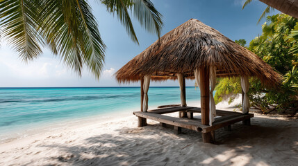 Tropical beach scene with thatched hut