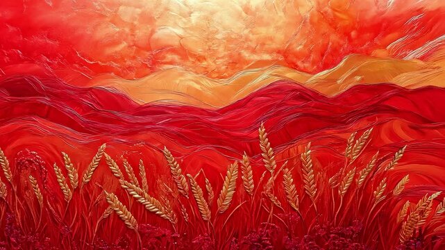 Red and gold wheat field and mountains painting