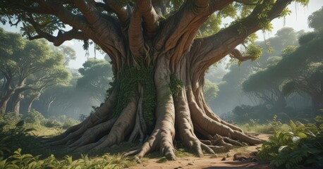 Massive tree trunk, dense exotic foliage, tangled vines , foliage, shadow