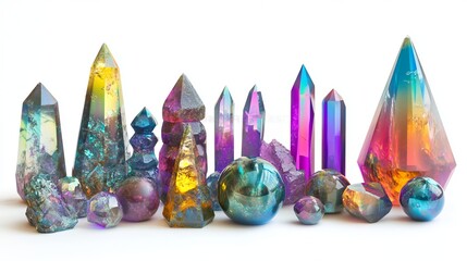 Vibrant rainbow aura quartz crystals collection mystical energy healing stones red gems pink blue