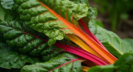 Vibrant Swiss Chard Displaying Natural Beauty in The Garden Closeup