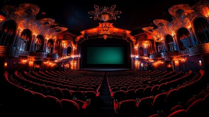 Ornate theater interior with rows of red seats facing a large screen, illuminated by warm lighting