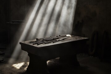 Minimalist visual of school desk with rays of light on it surrounded by faded factory tools powerful contrast in simplicity