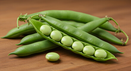 Fresh Green Peas Displayed in Pods on Wooden Surface