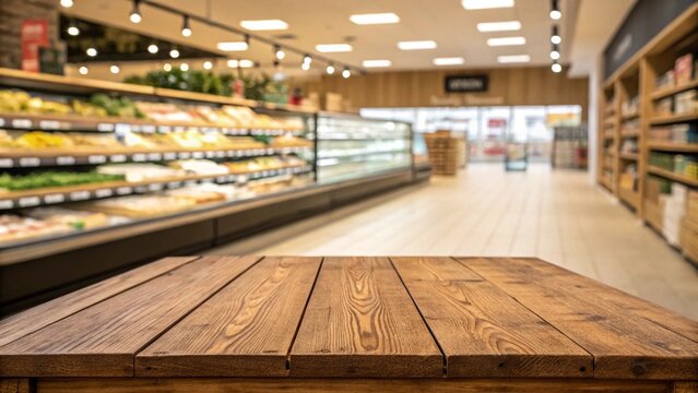 Wooden board, empty table in front of blurred background super market.