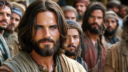 Jesus smiling with group of Israeli people stand behind of him in public of ancient Jerusalem

