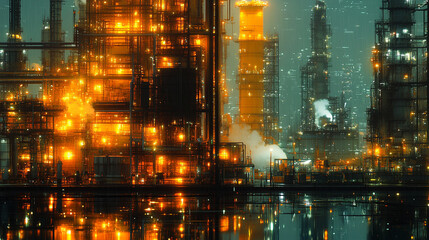 Fototapeta premium A futuristic scene showcasing a smart factory powered by advanced technology. The seamless integration of AI, IoT, and robotics enhances efficiency and productivity in modern manufacturing processes. 