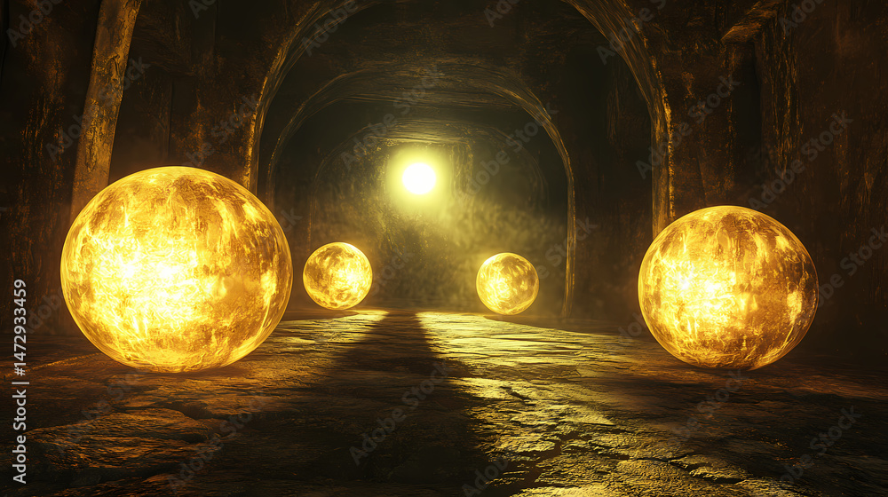 Wall mural magical relic vault glowing orbs 3d render scene video game concept background illustration digital 
