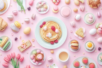 Pastel-colored Easter brunch spread, featuring various treats and pastries.  Pancakes, macarons, croissants, and eggs adorn a pink surface