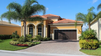 Fototapeta premium Charming Homes in South Florida: Gated Community with Palm Trees and Scenic Asphalt Road