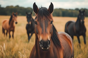 Obraz premium Charming Horses in Serenity: Close-Up of Brown and Black Equines Grazing in a Verdant Countryside Field