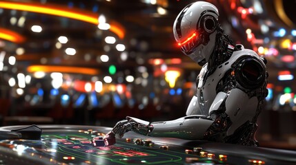 Futuristic Robot Playing Casino Game at Night