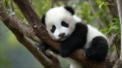 Obraz premium Adorable baby panda cub resting on tree branch in lush green nature cute wild black white china sweet