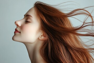 Fototapeta premium Charming Profile of a Beautiful Girl with Flawless Brown Hair Flowing in the Breeze Against a Soft Gray Background