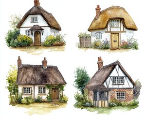 Charming Watercolor Illustrations of Traditional British Cottages with Thatch Roofs and Classic Bungalow Designs