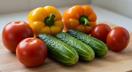Fresh Assortment Of Vegetables Placed On Wooden Board In Kitchen