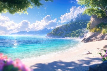 Obraz premium Tranquil beach scene, sun-drenched paradise. Lush foliage, turquoise water, pristine sand, gentle waves