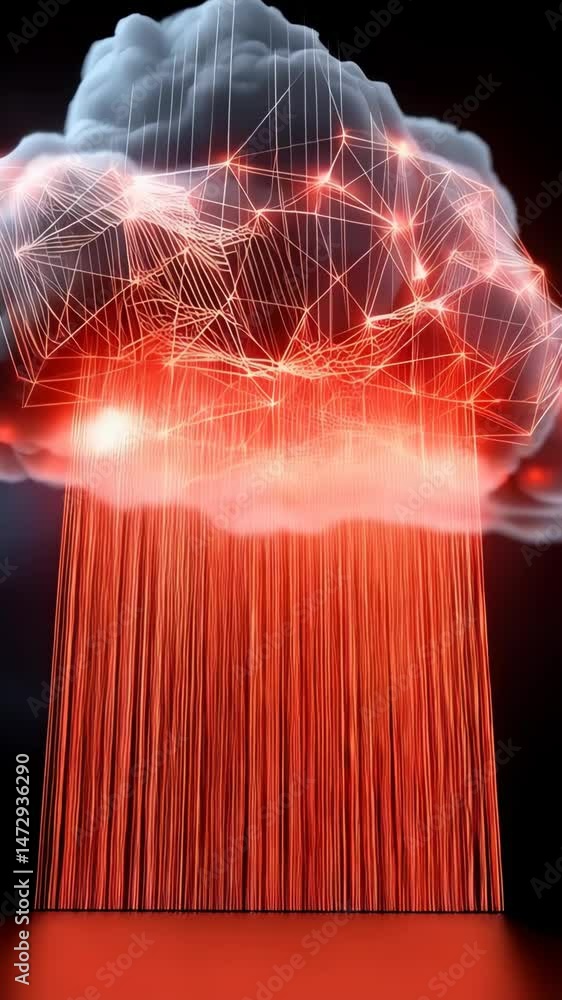 Poster illustration of a white cloud connected by glowing red network lines against a dark background, repr