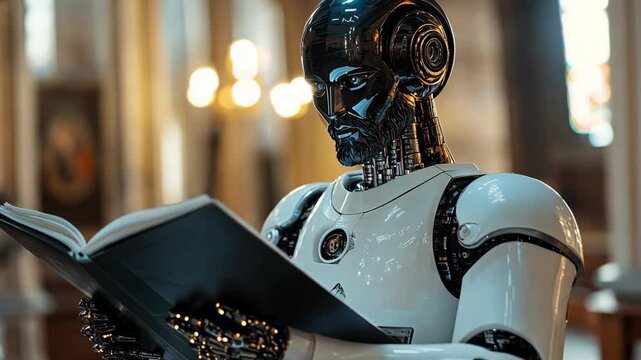 a assistant robot holding reading bible at church