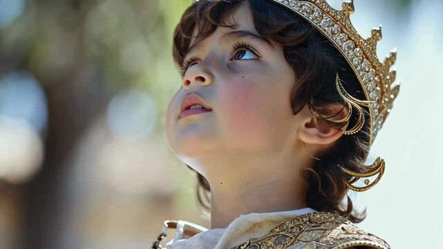 close up portrait young Caucasian boy wearing prince costume with gold crown at outdoor 