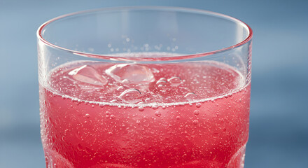 Refreshing Pink Drink With Ice Cubes and Bubbles on a Blue Background