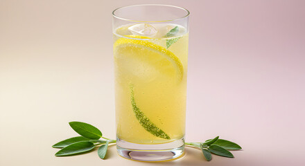 Fototapeta premium Refreshing Lemonade Infused With Sage Served In A Tall Glass On Pastel Background