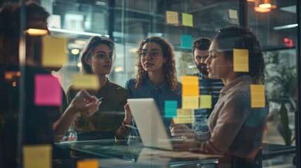 Office Team Collaborating Behind Glass Wall with Sticky Notes Brainstorming