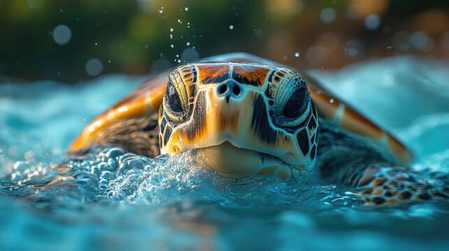 A sea turtle's head emerges from turquoise water, droplets clinging to its face