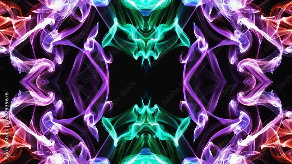 Poster colorful smoke plume animation rising in slow motion and twisting into hypnotic symmetrical pattern 