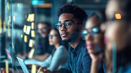 African American Man in Office Focused on Laptop With Coworkers