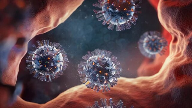 Bloodstream, virus animation with 3d zoom effect and slowly rotating cell in immersive biological environment for medical and scientific visualization