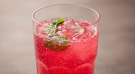 Refreshing Pink Summer Drink With Ice Cubes And Fresh Mint Leaves