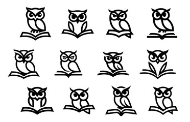 Minimalist owl and book logos collection for education branding, wisdom symbols perfect for library or academic institutions