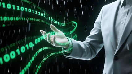 Man in suit with hand outstretched interacting with green binary code in a digital environment