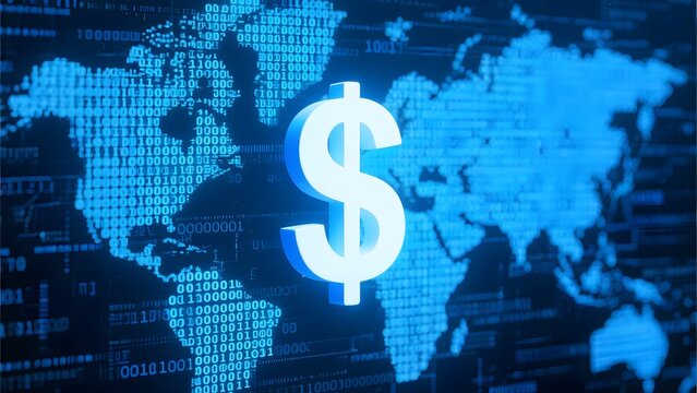 Dollar sign overlaid on a world map with binary code in blue tones for financial technology