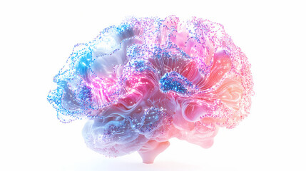 A glowing pink and blue digital brain with intricate designs on a white background. [Digital Relics] | Glitch Temple | fractured script. Illustration